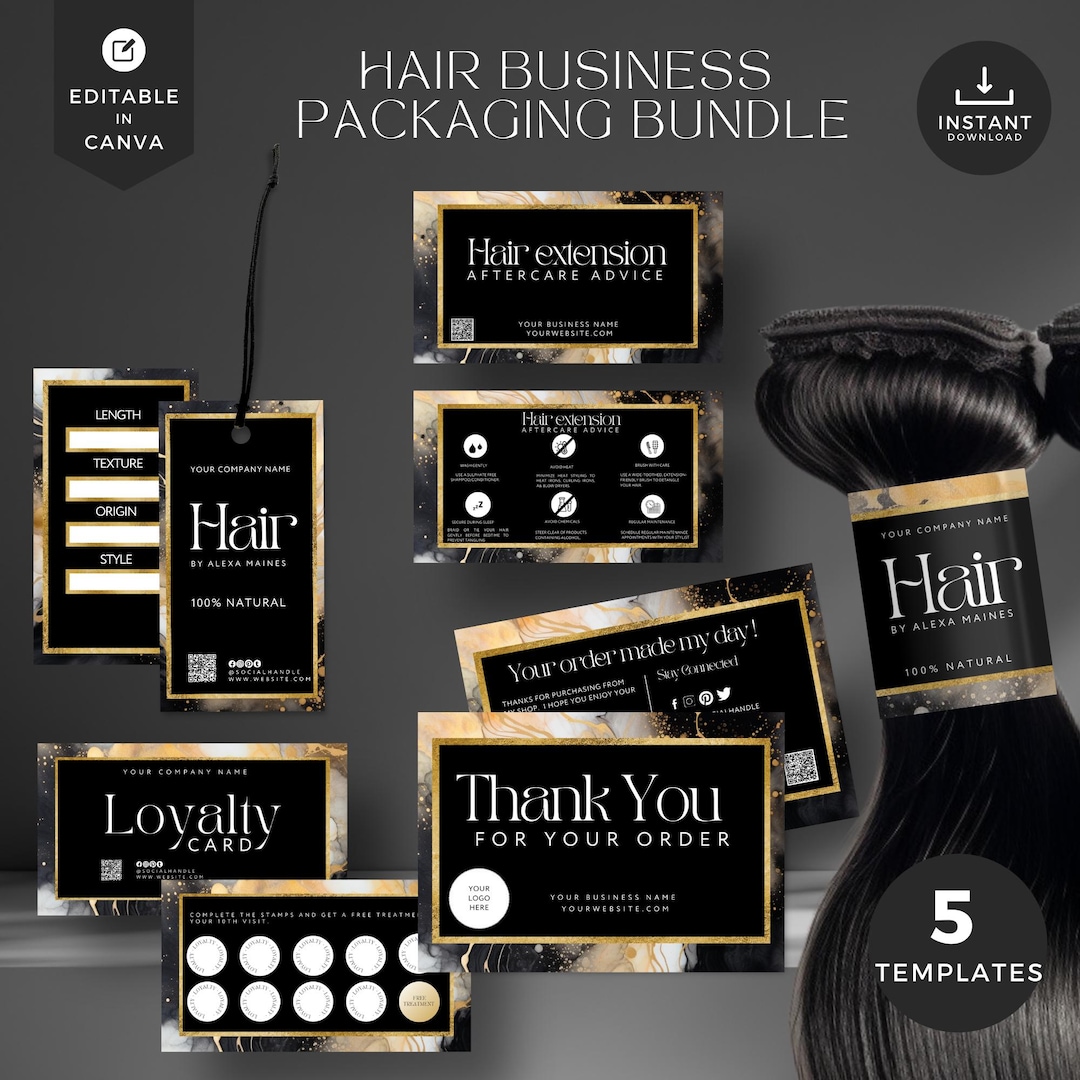 Hair Business Packaging Bundle: Black & Gold Branding Kit (canva ...