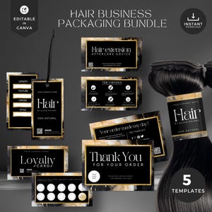 Plantilla de etiqueta para paquete de cabello DIY, tarjeta de agradecimiento, negocio de extensiones de cabello, etiqueta colgante para cabello, empaque comercial de cabello, cuidado posterior del cabello, oro negro, WB-BGA