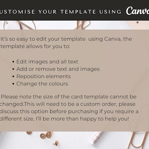 May include: A beige text box with black text explaining how to customize a template using Canva. The text box is on a white background with gold paper clips and push pins.