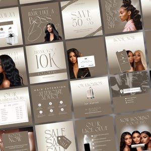 May include: A collection of social media posts with a neutral color palette. The posts promote hair care services, including hair extensions, lace glue, and booking information. Text includes "Hair Like a Boss," "Save 50%," and "Thank You 10K Followers."