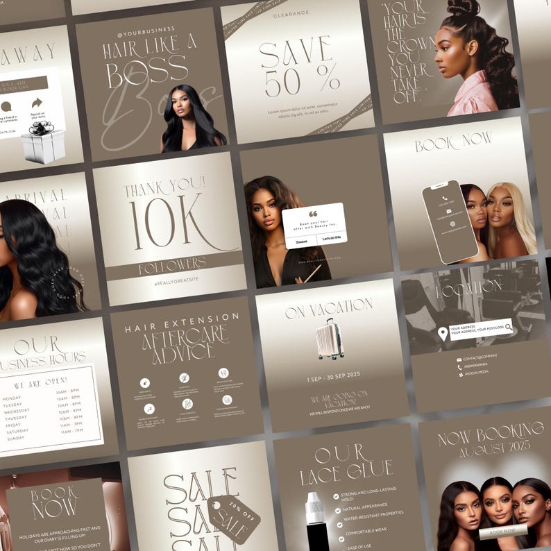 May include: A collection of social media posts with a neutral color palette. The posts promote hair care services, including hair extensions, lace glue, and booking information. Text includes "Hair Like a Boss," "Save 50%," and "Thank You 10K Followers."