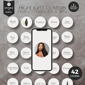 May include: A digital product with 42 Instagram highlight covers for hair extensions and wig businesses. The design includes a smartphone mockup with a woman's image, and circular icons with text like "Book Now" and "Client Reviews".