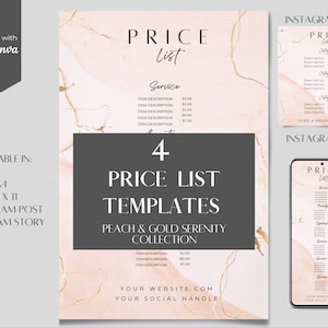 Luxury Peach and Gold Editable Canva Price List and Instagram Price List Template Pricing Guide, Price List, Business Template