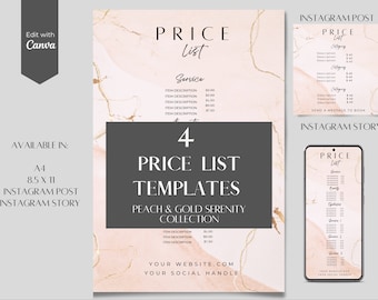 Peach & Gold Price List Template: Editable Canva Design (Digital Download)