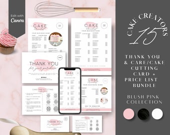 Editable Cake care card template, Thank you cards,  Cake pricelists, Cake care card, Cake serving guide, Cake cutting guide, CC-PW