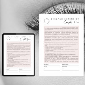 Op de afbeelding: Een zwart-witte afbeelding van een toestemmingsformulier voor wimperextensies. Het formulier bevat een sectie voor de naam, handtekening en datum van de klant. Het formulier bevat ook een sectie voor de naam, handtekening en datum van de technicus. Het formulier is getiteld "Toestemmingsformulier voor wimperextensies".