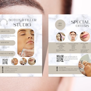 Folheto de botox, folheto de preenchimento Derma, tema neutro, para esteticistas, injetores de enfermagem, preenchimento labial, modelo canva de folheto de beleza, BFT-GS