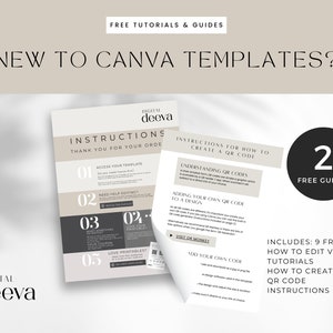 May include: Two printable guides with instructions on how to access and edit Canva templates. The guides are beige and black with white text. The text includes "Instructions for how to create a QR code" and "Includes: 9 free how to edit video tutorials, how to create a QR code instructions".