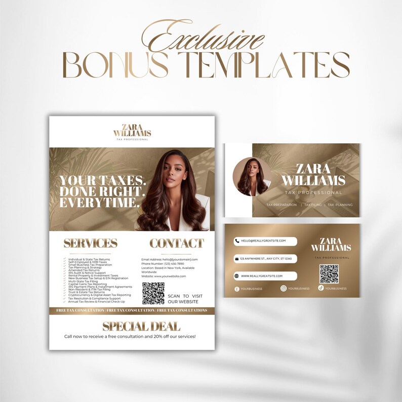 May include: A promotional image for Zara Williams, Tax Professional, featuring a flyer and business card design. The flyer includes the text "Your Taxes. Done Right. Everytime." and lists services and contact information. The business card displays the Zara Williams logo and contact details.