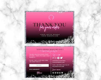 Beauty Business Thank You Card Template: Pink & Black (Canva Editable, Digital Download)