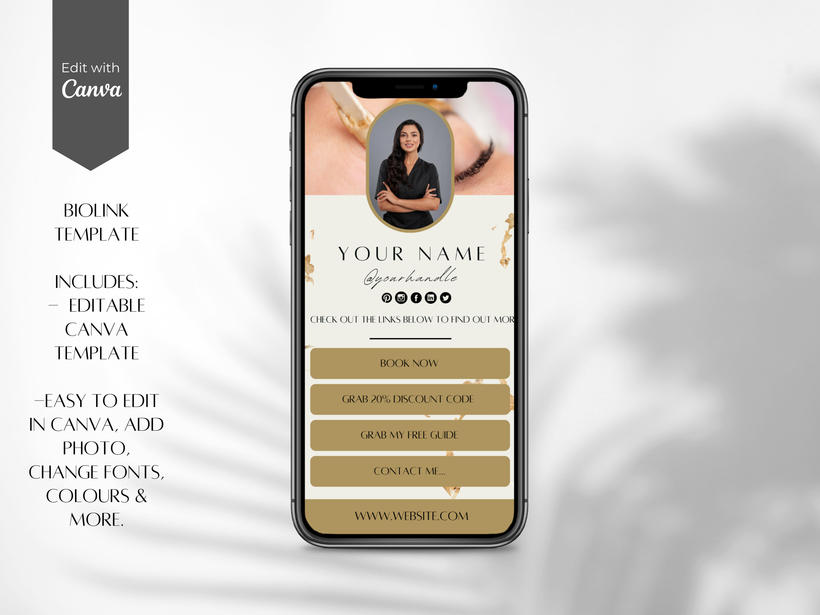 Bearbeitbares Bio Link Canva Template: Creme & Gold Landing Page (Digitaler Download)