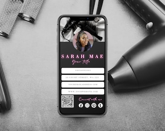 Digital business card clickable links, qr code card, Neon, esthetician business card, hair stylist, beautician, business card, HS-PN