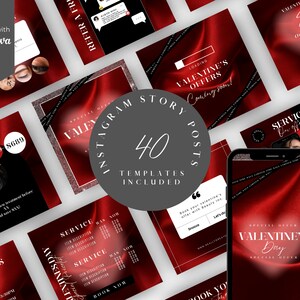 Könnte beinhalten: Ein Set mit 40 Instagram-Story-Vorlagen für den Valentinstag. Die Vorlagen haben einen roten Satin-Hintergrund mit schwarzen Schleifenakzenten und weißem Text. Der Text enthält Sätze wie "Valentinstag", "Sonderangebote", "Jetzt buchen" und "Dienstleistungen".