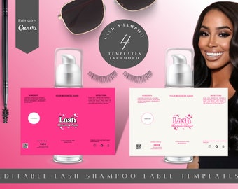 May include: Four editable lash shampoo label templates. The templates are pink and white with a bottle of lash cleansing foam in the center. The text "Lash Cleansing Foam" is in pink with a star design. The text "Your Business Name" is in black. The templates are designed for use with Canva.