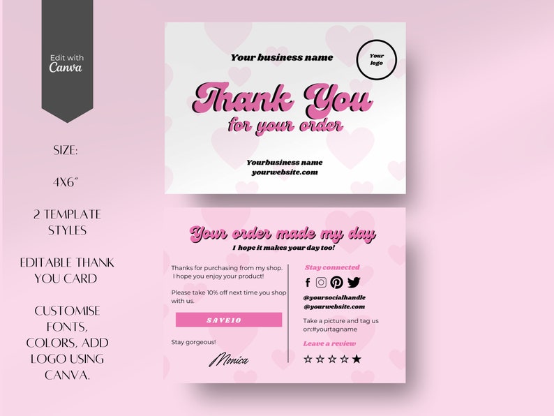 Retro Thank You Card Template: Editable Business Insert (digital ...