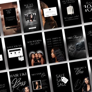 May include: A collection of social media posts for a hair salon. The posts feature images of women with long, black hair, as well as text about booking appointments, new arrivals, sales, and giveaways. The posts are designed in a black and white color scheme with a modern and sleek aesthetic.
