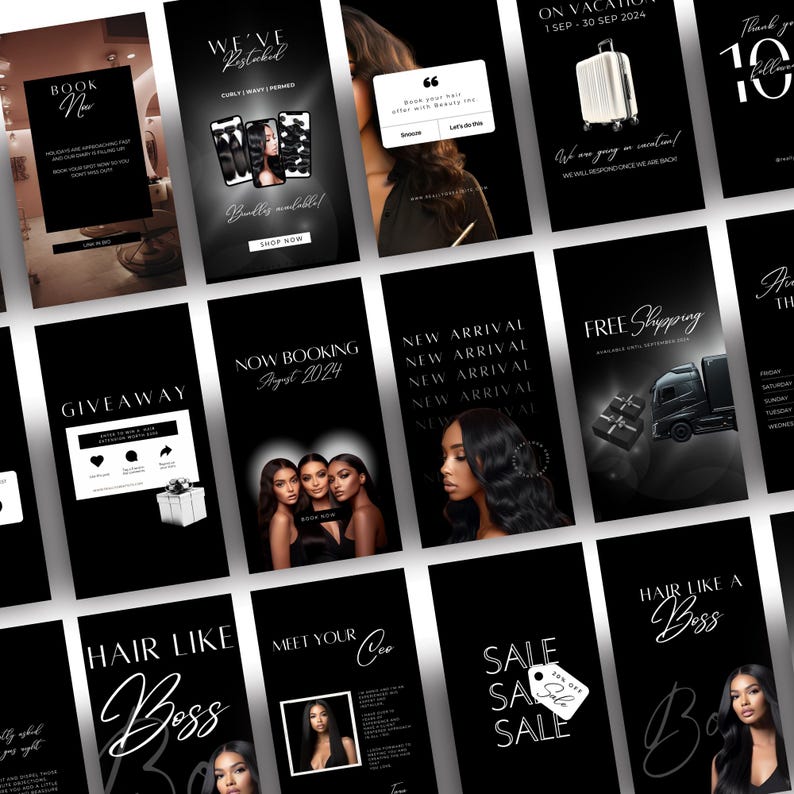 May include: A collection of social media posts for a hair salon. The posts feature images of women with long, black hair, as well as text about booking appointments, new arrivals, sales, and giveaways. The posts are designed in a black and white color scheme with a modern and sleek aesthetic.