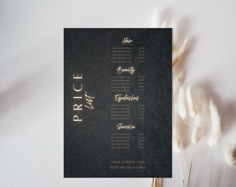 Plantilla de lista de precios de neón negro y dorado: Diseño editable en Canva (descarga digital)