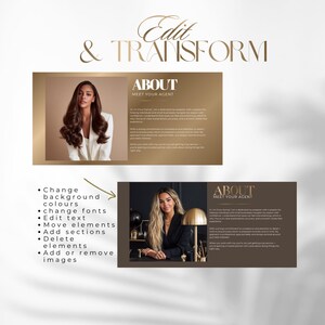 May include: A digital marketing template with the words "Edit & Transform" in a stylish font. The template includes two "About Me" sections with photos and text, along with a list of editing options: change background colors, fonts, and text, move elements, add sections, delete elements, and add or remove images.