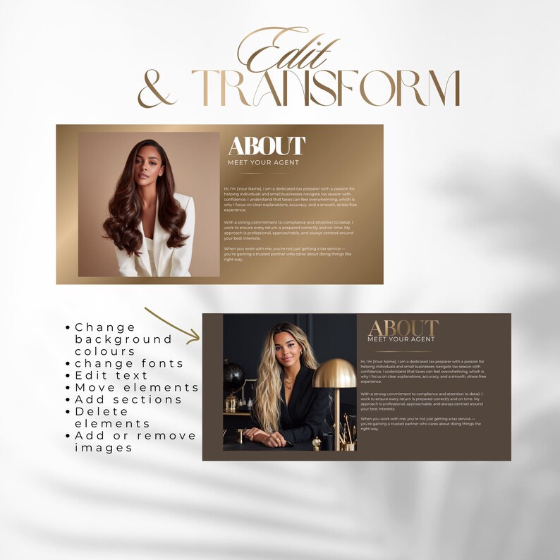 May include: A digital marketing template with the words "Edit & Transform" in a stylish font. The template includes two "About Me" sections with photos and text, along with a list of editing options: change background colors, fonts, and text, move elements, add sections, delete elements, and add or remove images.