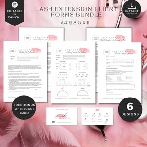 May include: A set of six printable lash extension client forms in black and white. The forms include a consultation policy, patch test form, chart record form, aftercare card, client intake form, and a volume form. The forms are designed for use by lash technicians and are available in A4 and 8.5 x 11 inch sizes.