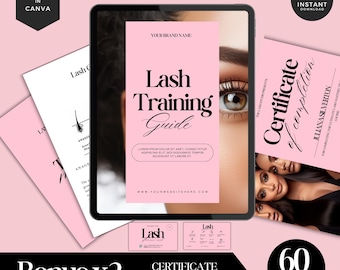 May include: A digital lash training guide displayed on a tablet, with a pink and white color scheme. The guide includes the text "Lash Training Guide" and "Certificate of Completion." Bonus materials and aftercare cards are also shown. The image also includes the text "60 pages."