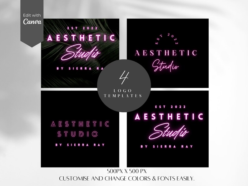 May include: Four logo templates for an aesthetic studio. The logos feature a pink neon script font with the text "Aesthetic Studio" and the words "EST 2022" and "By Sierra Ray".