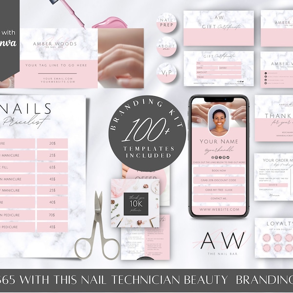 Nail Tech Branding Kit, Beauty Vorlagen für Nageltechniker, Nagel Treuekarten, Branding Paket, Preisliste,NT-PM
