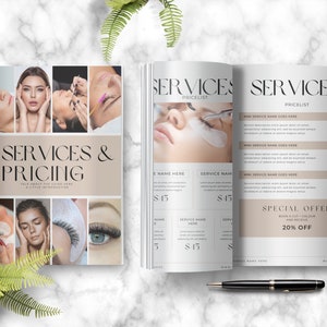 Ebook template canva beauty, beauty ebook, services and prices guide, for lash technicians, estheticians, price list template, PG-NW