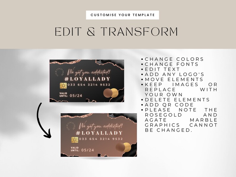 Business loyalty card, Loyalty card with QR Code, Esthetician,lash tech,hair stylist, nails,black, rose gold,credit card, BB-BAG image 4