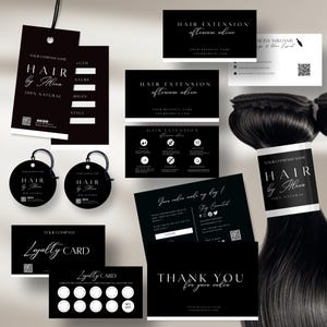 May include: Black and white business cards and tags with the text "Hair by Alexa" and "Hair Extension Aftercare Advice". The cards feature a loyalty card, thank you card, and a tag with a QR code. The image also includes a bundle of black hair extensions.