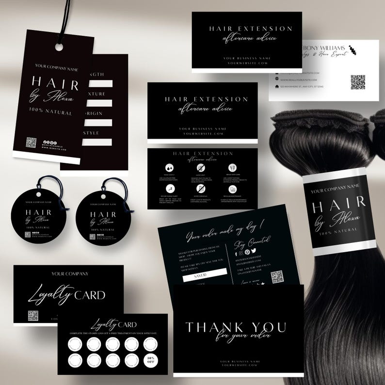 May include: Black and white business cards and tags with the text "Hair by Alexa" and "Hair Extension Aftercare Advice". The cards feature a loyalty card, thank you card, and a tag with a QR code. The image also includes a bundle of black hair extensions.