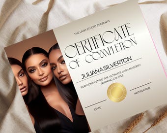 Lash Extension Certificate Template: Editable Gold Award (Canva Design, Printable PDF, US/A4 Size)