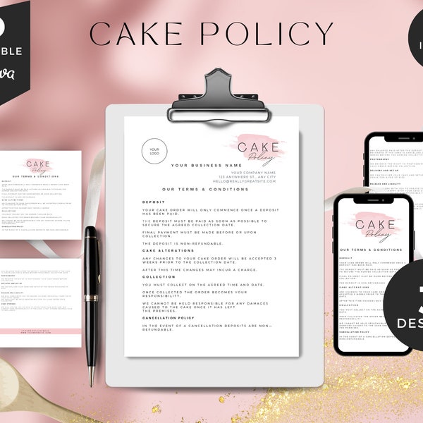 Editable Cake Contract, Cake contract form, Cake terms and conditions, Cake business contract, Pink cake templates, Bakery Canva , CC-PW