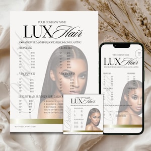 May include: An advertisement for LUX Hair, showcasing a price list on a white background. The text includes "100% Virgin Human Hair" and various hair product options. The image is displayed on a flyer, a small card, and a smartphone.