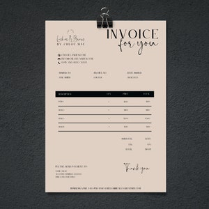 May include: A beige invoice titled "Invoice for you" clipped to a black background. The invoice includes business contact information, a list of items, and a "Thank you" message. The business name is "Lashes & Brows by Chloe Mae".