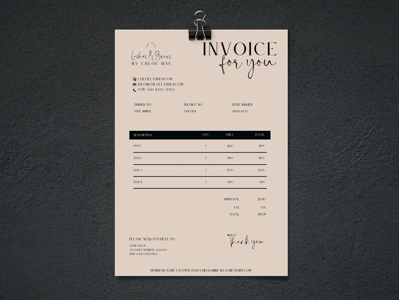 May include: A beige invoice titled "Invoice for you" clipped to a black background. The invoice includes business contact information, a list of items, and a "Thank you" message. The business name is "Lashes & Brows by Chloe Mae".