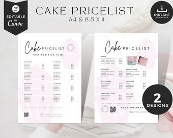 Modello di listino prezzi modificabile, modello di panetteria minimale, kit di branding per panetteria, listino prezzi torta rosa, listino prezzi biscotti, listino prezzi torta