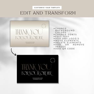 May include: Two thank you cards with the text "THANK YOU FOR YOUR ORDER" in elegant typography. One card is on a gradient background, the other is black. The image also includes a list of customization options.