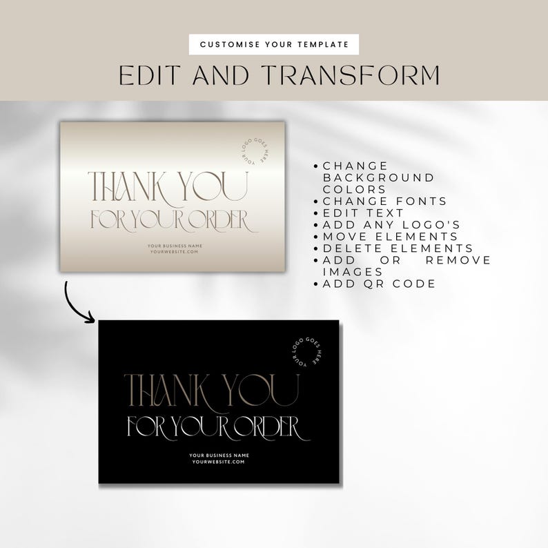 May include: Two thank you cards with the text "THANK YOU FOR YOUR ORDER" in elegant typography. One card is on a gradient background, the other is black. The image also includes a list of customization options.