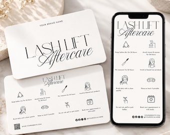 Lash Lift Aftercare Card Canva Template, Printable 3.5x2 Client Care Card + Phone Digital Version, Lash Tech Beauty Salon Template