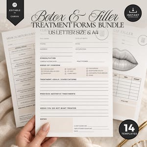 Puede incluir: Un paquete de formularios de tratamiento de Botox y relleno en tamaños carta de EE. UU. y A4. Los documentos incluyen secciones para historial médico, consulta, áreas de preocupación, objetivos de tratamiento y notas, con un gráfico de labios.