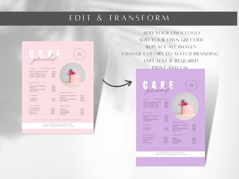 May include: A pink and purple printable cake price list template with a pink and white cake with a pink flower on top. The text on the template says "CAKE pricelist".