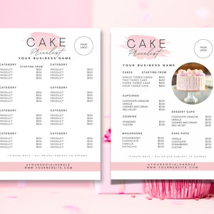 Kuchenpreisliste, Rosa Preisliste, Bäckereimenüvorlage, Bäckereipreisliste, bearbeitbare Preislistenvorlage, CC-PW