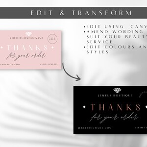 Puede incluir: Una tarjeta de agradecimiento rosa y negra con un gr&aacute;fico de diamante y el texto "THANKS for your order". La tarjeta incluye el texto "YOUR BUSINESS NAME", "YOUR WEBSITE.COM" y "#SOCIALMEDIA".