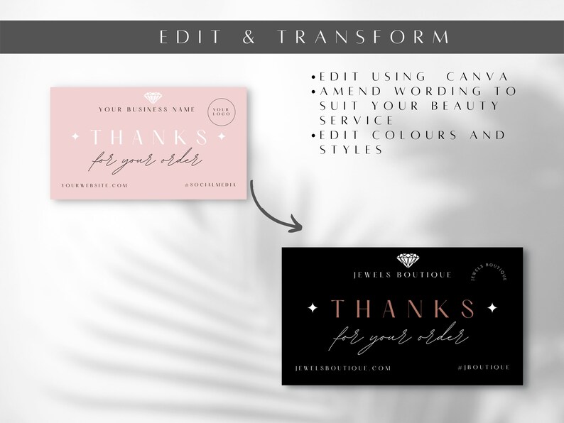 Puede incluir: Una tarjeta de agradecimiento rosa y negra con un gr&aacute;fico de diamante y el texto "THANKS for your order". La tarjeta incluye el texto "YOUR BUSINESS NAME", "YOUR WEBSITE.COM" y "#SOCIALMEDIA".