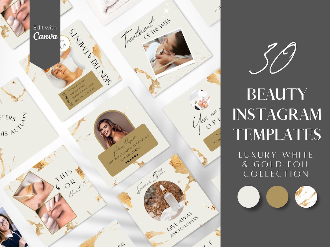 White & Gold Luxury Instagram Post Template Canva,beauty Templates for ...