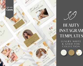 White & Gold Beauty Instagram Post Templates: Lash Tech, Esthetician (Canva Editable)