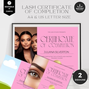 Lash Extension Certificate Template, Editable Printable Award, Lash Course Completion, Custom Canva Design,LC-BPQ