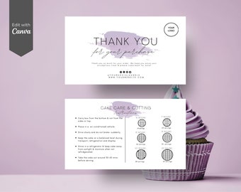Editable Cake Care Card Template: Purple Business Thank You (Digital Download)